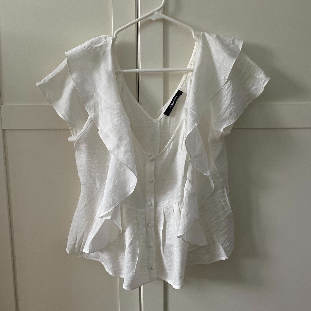 Sugarlips White Ruffled Romantic Cottage Core Blouse with Buttons Size L